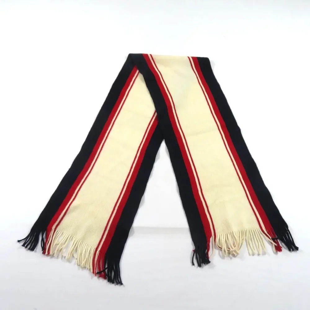 Schurwolle Wool Scarf With Fringe 52x9 Navy Blue Ivory Red Striped 1960s Vintage